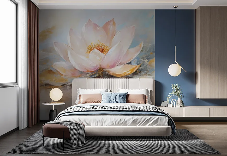 پوستر دیواری 3 بعدی اتاق خواب عروس و داماد طرح گل نیلوفر آبی